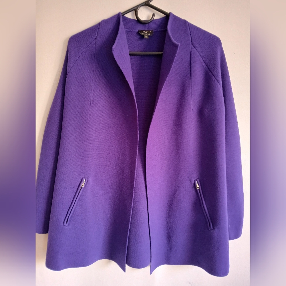 Talbots Vibrant Purple Women's 100% Pure Merino Wool Knit Jacket Zip Pockets SPS
